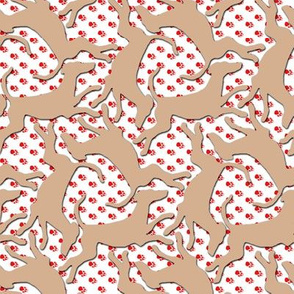 Prancing Beige Greyhound Silhouettes on Red Pawprints