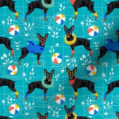 miniature pinscher pool party fabric summer dog dogs cute pets design - blue