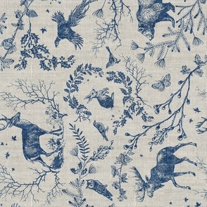 Winter Woodland Toile (navy/burlap) LRG / rotated