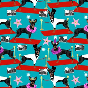miniature pinscher fashion show red carpet paparazzi dog design, cute dogs fabric - turquoise