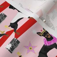 miniature pinscher fashion show red carpet paparazzi dog design, cute dogs fabric - pink