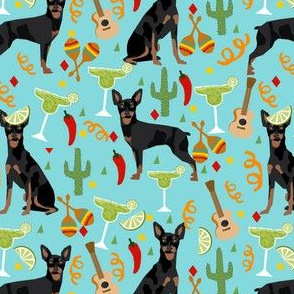 miniature pinscher fiesta fabric dogs and margaritas celebration fabric - blue