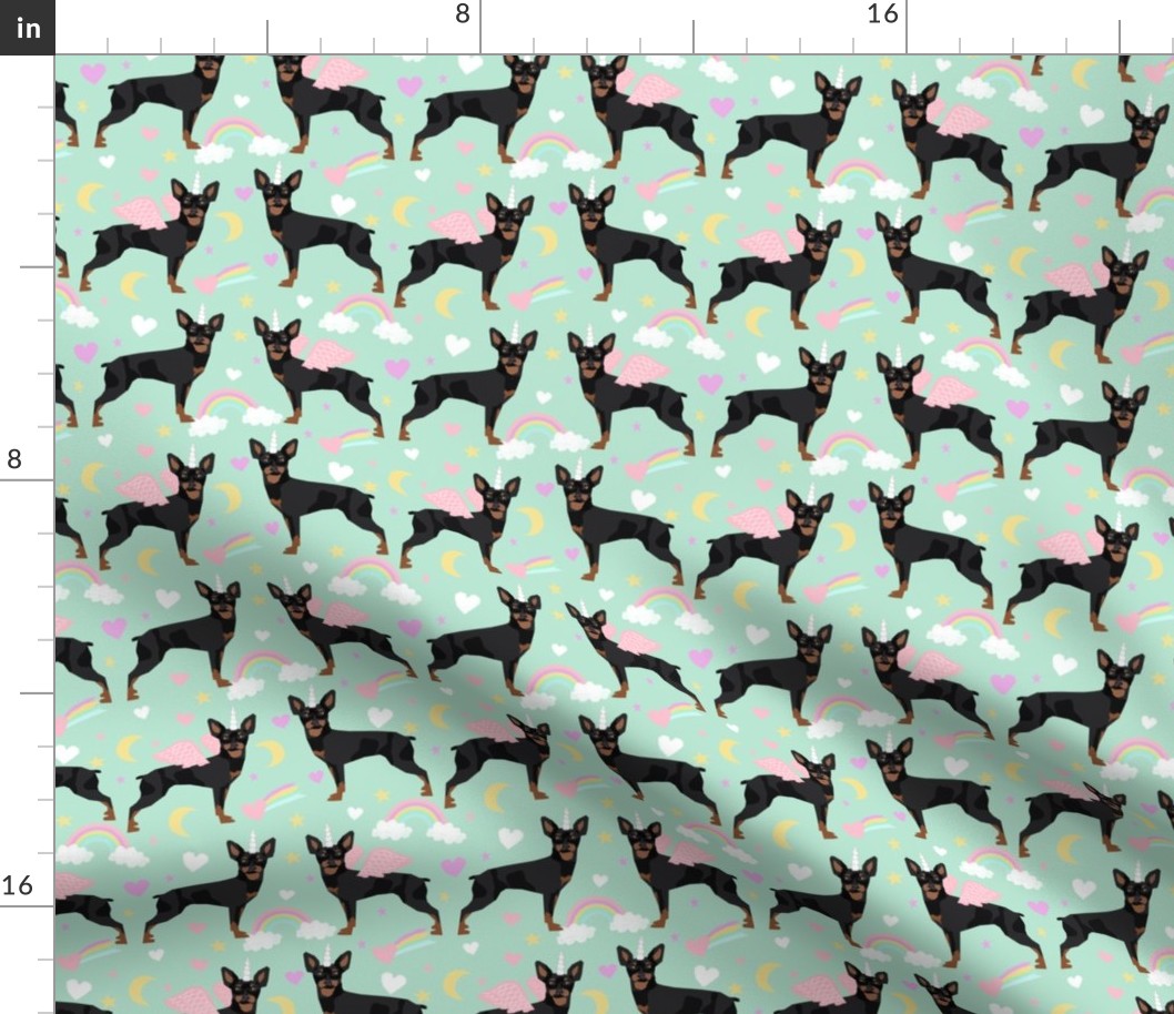 miniature pinscher pastel unicorn fabric rainbows hearts cute doggo design - mint