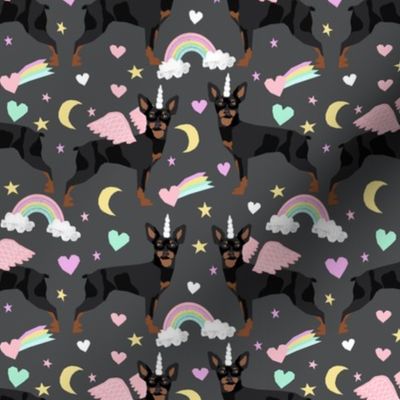 miniature pinscher pastel unicorn fabric rainbows hearts cute doggo design - charcoal