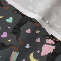 miniature pinscher pastel unicorn fabric rainbows hearts cute doggo design - charcoal