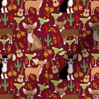 chihuahua fiesta fabric cute dogs and margaritas celebration fabric - marroon
