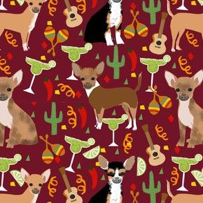 chihuahua fiesta fabric cute dogs and margaritas celebration fabric - marroon