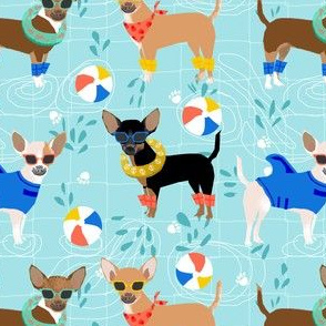 chihuahua pool party summer floats summer dogs fabric - blue