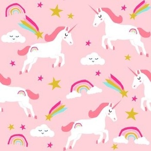 pink unicorn fabric bright colors cute rainbows design