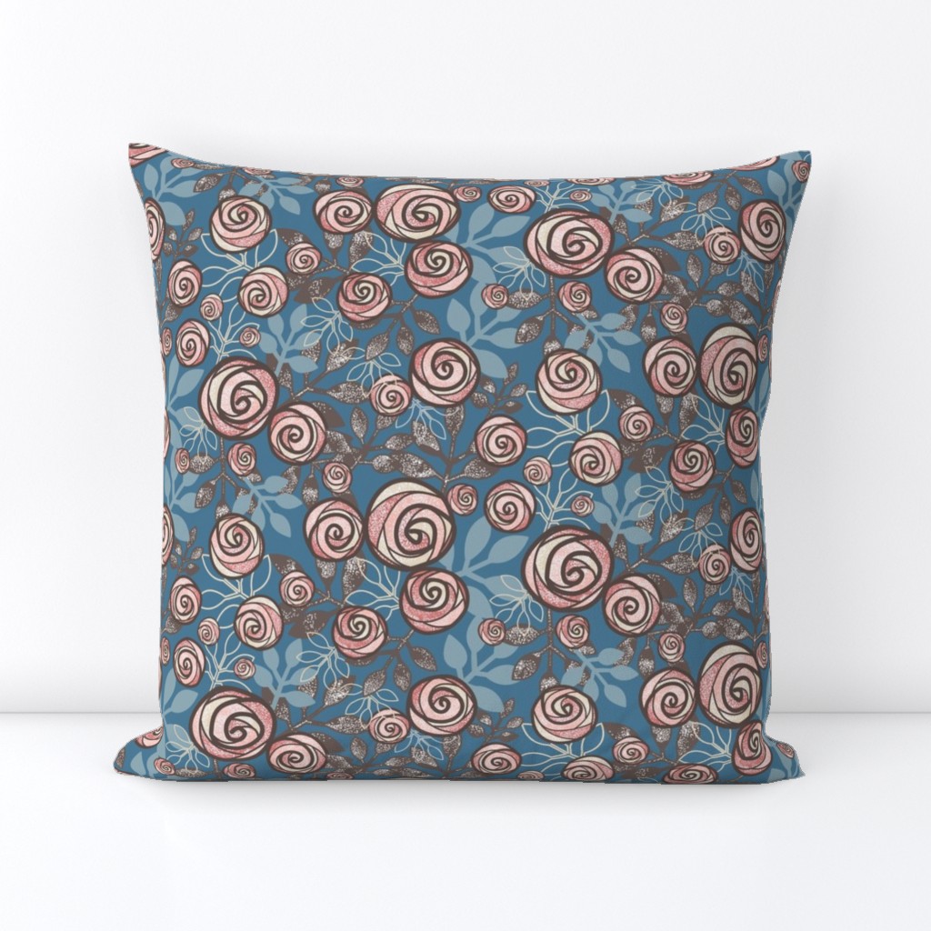 Rose Floral in Peach, Blue, Brown