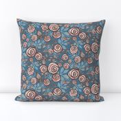 Rose Floral in Peach, Blue, Brown