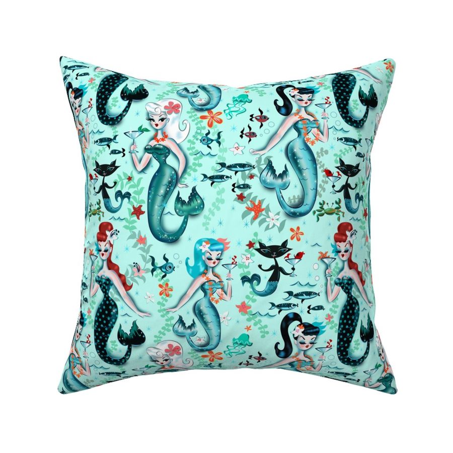 Upholstery Home Decor Bottomweight Martini Mermaids Coral Vintage Mermaid Retro Nautical Mid Century Printed on Basketweave Cotton Canvas Fabric by The Yard Spoonflower Fabric