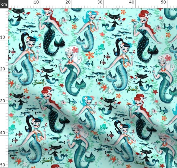 Upholstery Home Decor Bottomweight Martini Mermaids Coral Vintage Mermaid Retro Nautical Mid Century Printed on Basketweave Cotton Canvas Fabric by The Yard Spoonflower Fabric