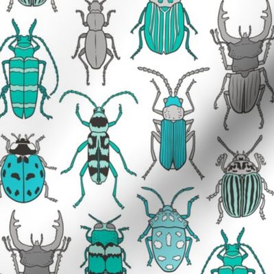 Beetles Insects Forest Bugs Mint Green Blue on White