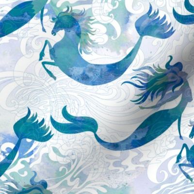 Mermaids & Seahorses in Ocean Blue