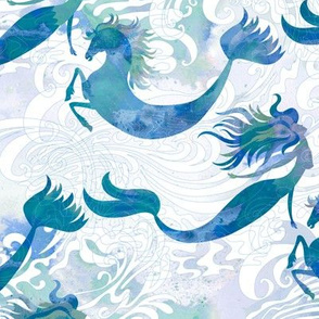 Mermaids & Seahorses in Ocean Blue