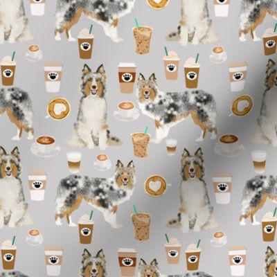 sheltie fabric shetland sheepdogs and coffee fabric design food and dogs fabric - grey