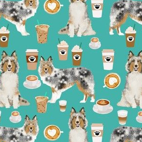 sheltie fabric shetland sheepdogs and coffee fabric design food and dogs fabric - turquoise