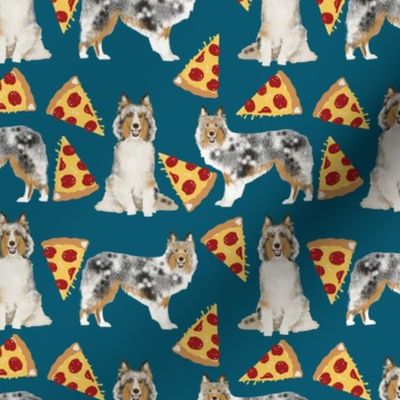 sheltie fabric shetland sheepdogs and pizza fabric design food and dogs fabric - sapphire blue