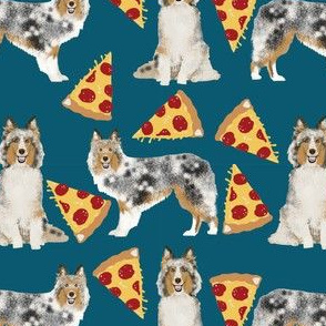 sheltie fabric shetland sheepdogs and pizza fabric design food and dogs fabric - sapphire blue