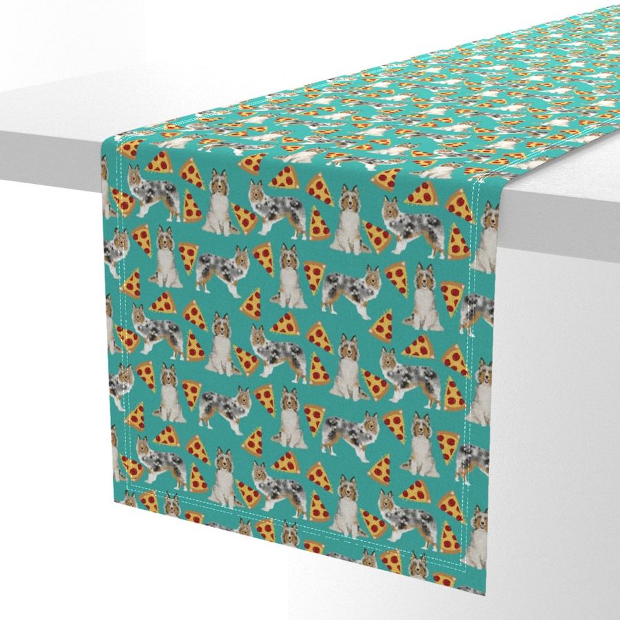 sheltie fabric shetland sheepdogs and pizza fabric design food and dogs fabric -turquoise