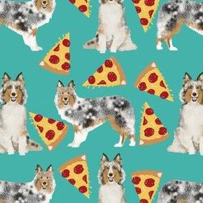 sheltie fabric shetland sheepdogs and pizza fabric design food and dogs fabric -turquoise