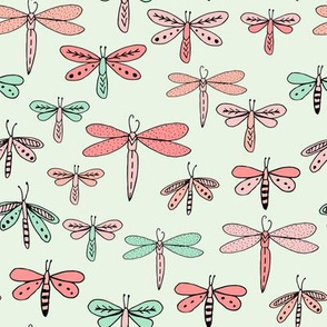 dragonflies fabric dragonfly insects girls fabric baby nursery sweet little girls fabric - mint and coral