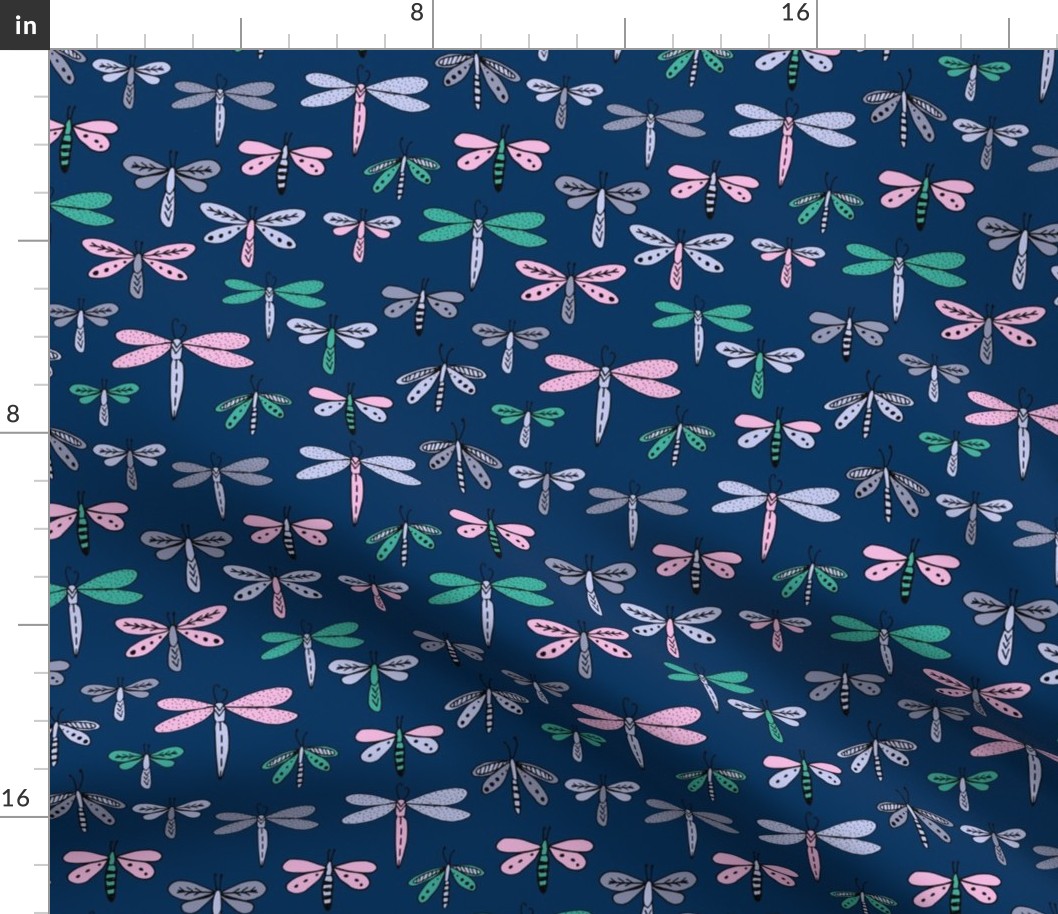 dragonflies fabric dragonfly insects girls fabric baby nursery sweet little girls fabric - navy turquoise