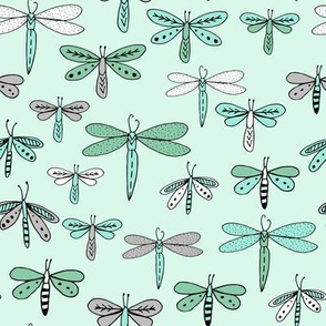 dragonflies fabric dragonfly insects girls fabric baby nursery sweet little girls fabric -  mint and grey