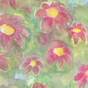 Wild Red Daisy Floral watercolor on green