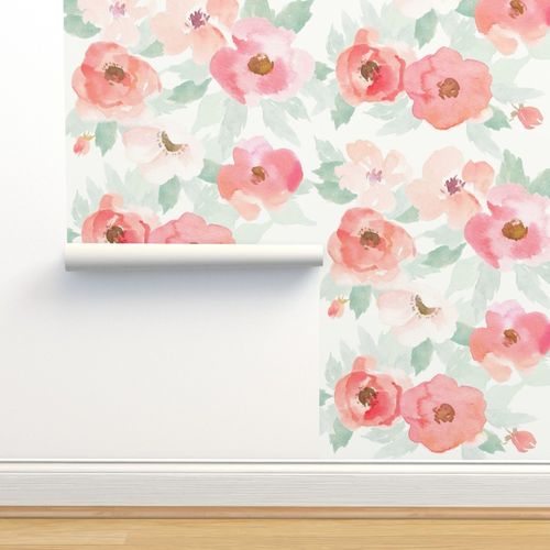Removable Water-Activated Wallpaper Watercolor Floral Flowers And Feathers 