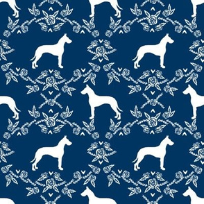 Great Dane floral silhouette dog fabric pattern navy
