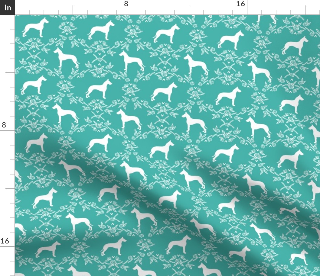 Great Dane floral silhouette dog fabric pattern turquoise