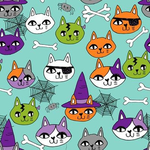halloween cats fabric // spooky cute halloween fabric october fall kitty cat design - mint