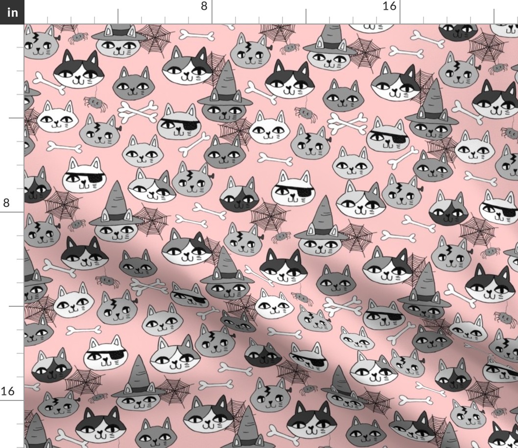 halloween cats fabric // spooky cute halloween fabric october fall kitty cat design - pink