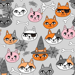 halloween cats fabric // spooky cute halloween fabric october fall kitty cat design - grey pink and orange