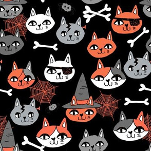 halloween cats fabric // spooky cute halloween fabric october fall kitty cat design - black and orange