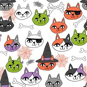 halloween cats fabric // spooky cute halloween fabric october fall kitty cat design - lime orange purple
