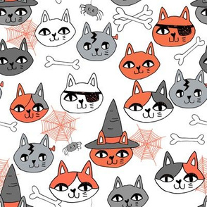 halloween cats fabric // spooky cute halloween fabric october fall kitty cat design - grey and orange