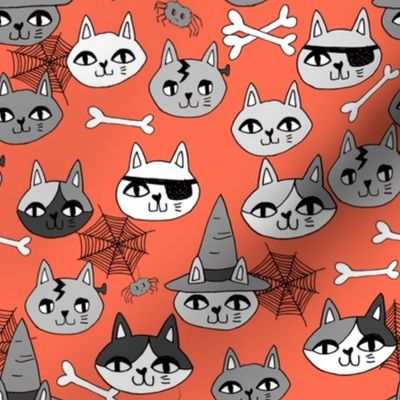 halloween cats fabric // spooky cute halloween fabric october fall kitty cat design - orange