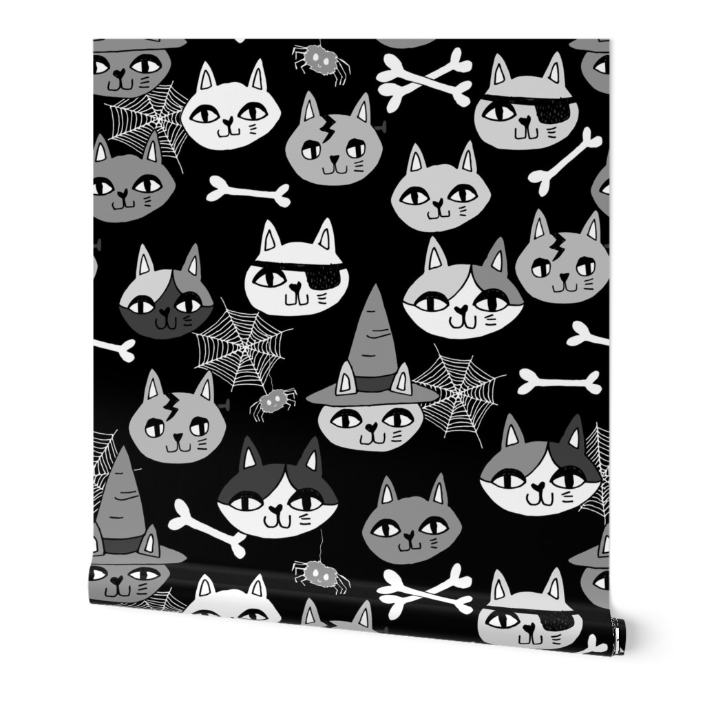 halloween cats fabric // spooky cute halloween fabric october fall kitty cat design - black and grey