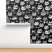 halloween cats fabric // spooky cute halloween fabric october fall kitty cat design - black and grey