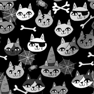 halloween cats fabric // spooky cute halloween fabric october fall kitty cat design - black and grey