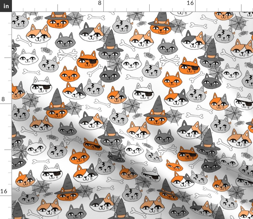 halloween cats fabric // spooky cute halloween fabric october fall kitty cat design - orange and white