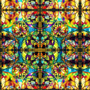 KALEIDOSCOPE ROSE WINDOW STAINED GLASS  TILES OCULUS BLUE  TEAL