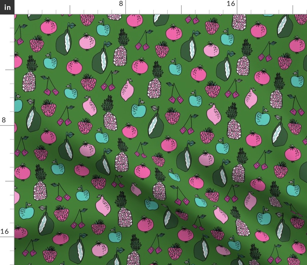 fruits fabric // fruit summer tropical fruits pineapple strawberry fruits design - green