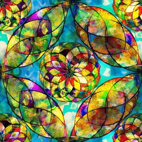 ROSE WINDOW STAINED GLASS OCULUS BLUE TEAL