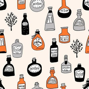 halloween potions fabric // spooky scary witches potions hocus pocus, halloween design - orange and cream