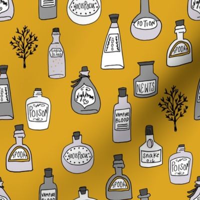 halloween potions fabric // spooky scary witches potions hocus pocus, halloween design - mustard orange