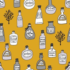halloween potions fabric // spooky scary witches potions hocus pocus, halloween design - mustard orange